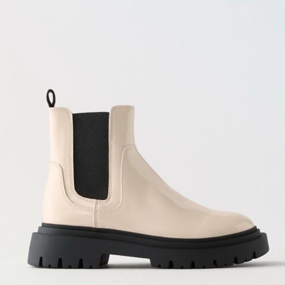 ZARA White Patent Leather Chelsea Lug Boot